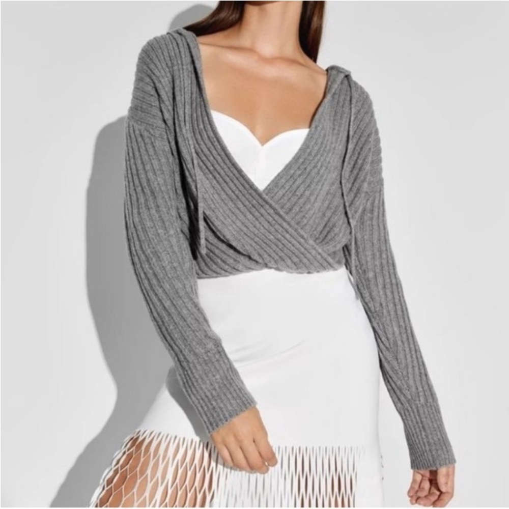 Dion Lee cashmere hooded gray ribbed Knit Women's Sweater optional tie neck